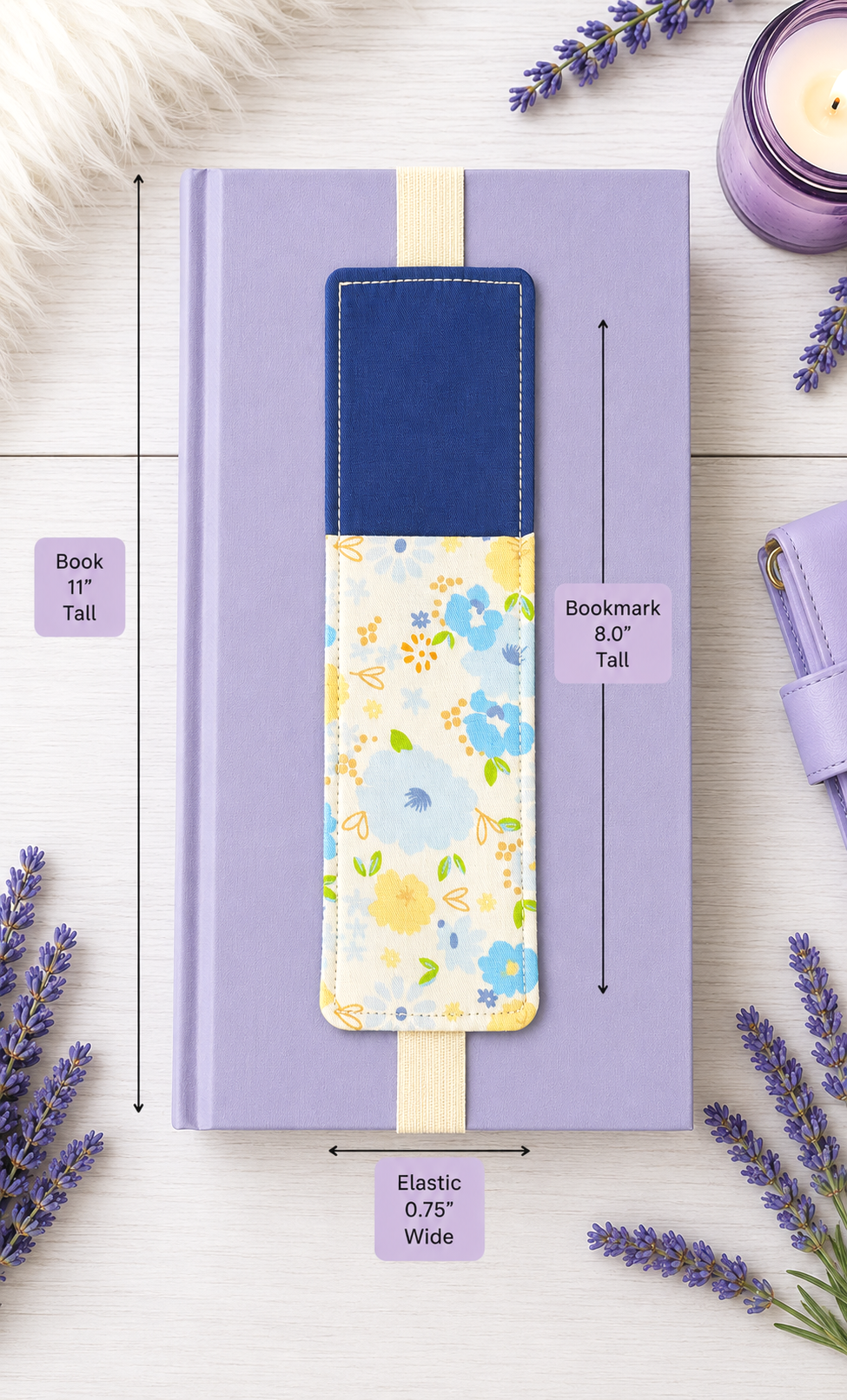 Handsewn Blue and Aqua Flowers Fabric Bookmark with Accessory Pocket 2
