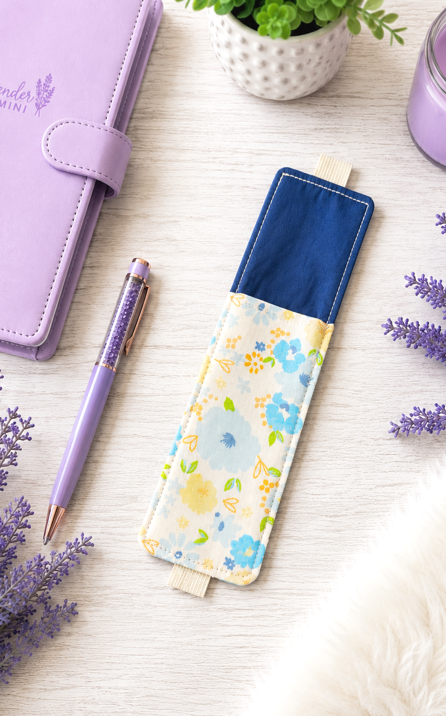 Handsewn Blue and Aqua Flowers Fabric Bookmark with Accessory Pocket 2