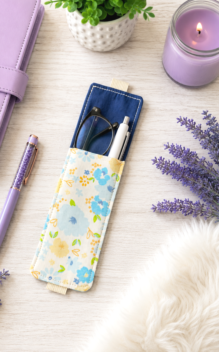 Handsewn Blue and Aqua Flowers Fabric Bookmark with Accessory Pocket 2