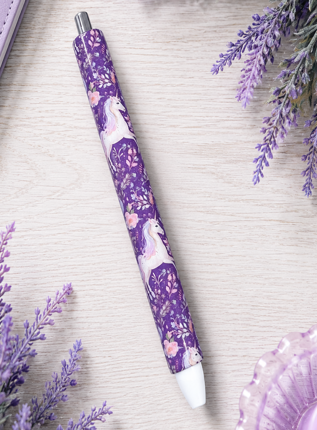 Handmade Majestic Meadows Unicorns on dark purple glitter pen with free refill