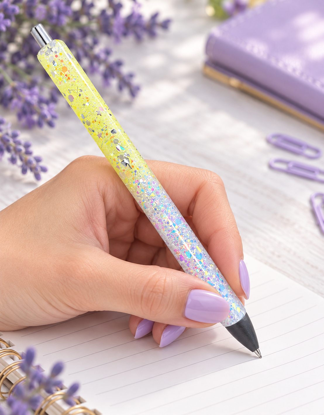 Handmade Yellow and Opal White ombre glitter pen with free refill