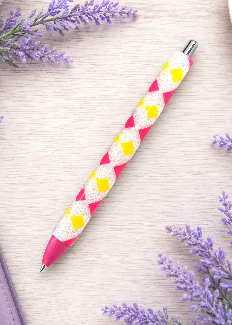 Handmade Hot Pink and Yellow Zig Zag glitter pen with free refill