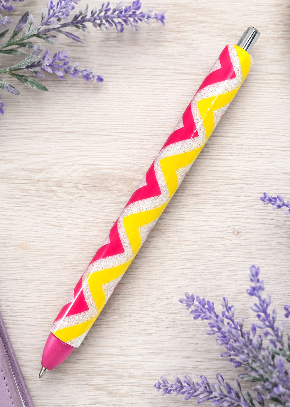 Handmade Hot Pink and Yellow Zig Zag glitter pen with free refill