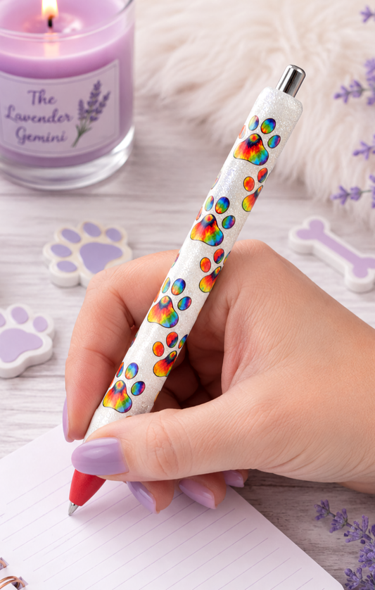 Handmade Tye Dye Dog Paws glitter pen with free refill