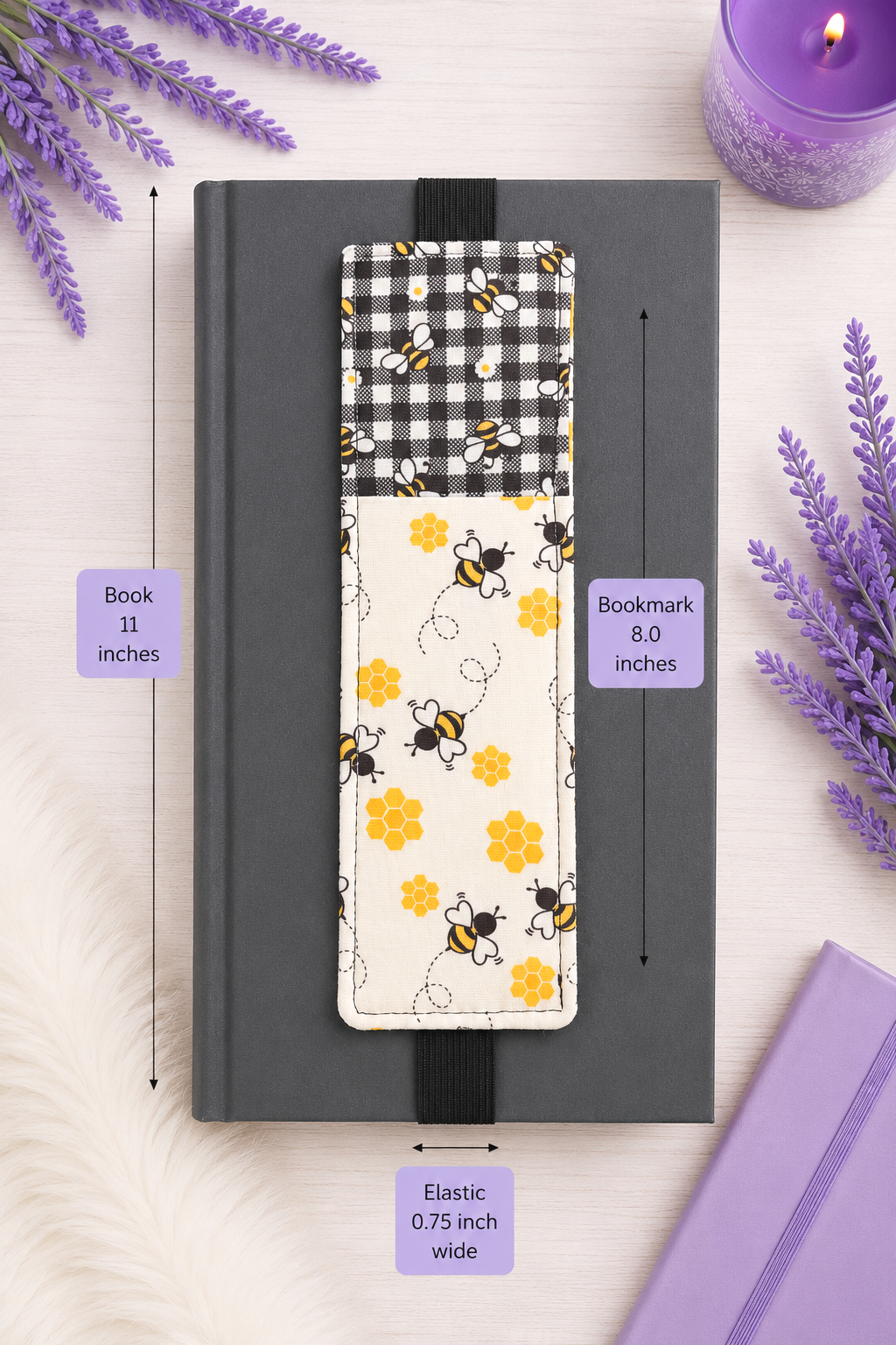 Handsewn Bumble Bees Fabric Bookmark with Accessory Pocket 3