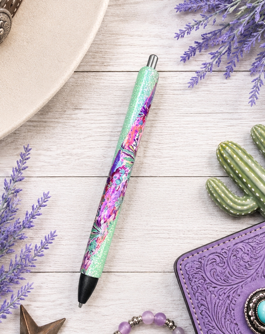 Handmade Vibrant Desert Scene on mint green glitter pen with free refill