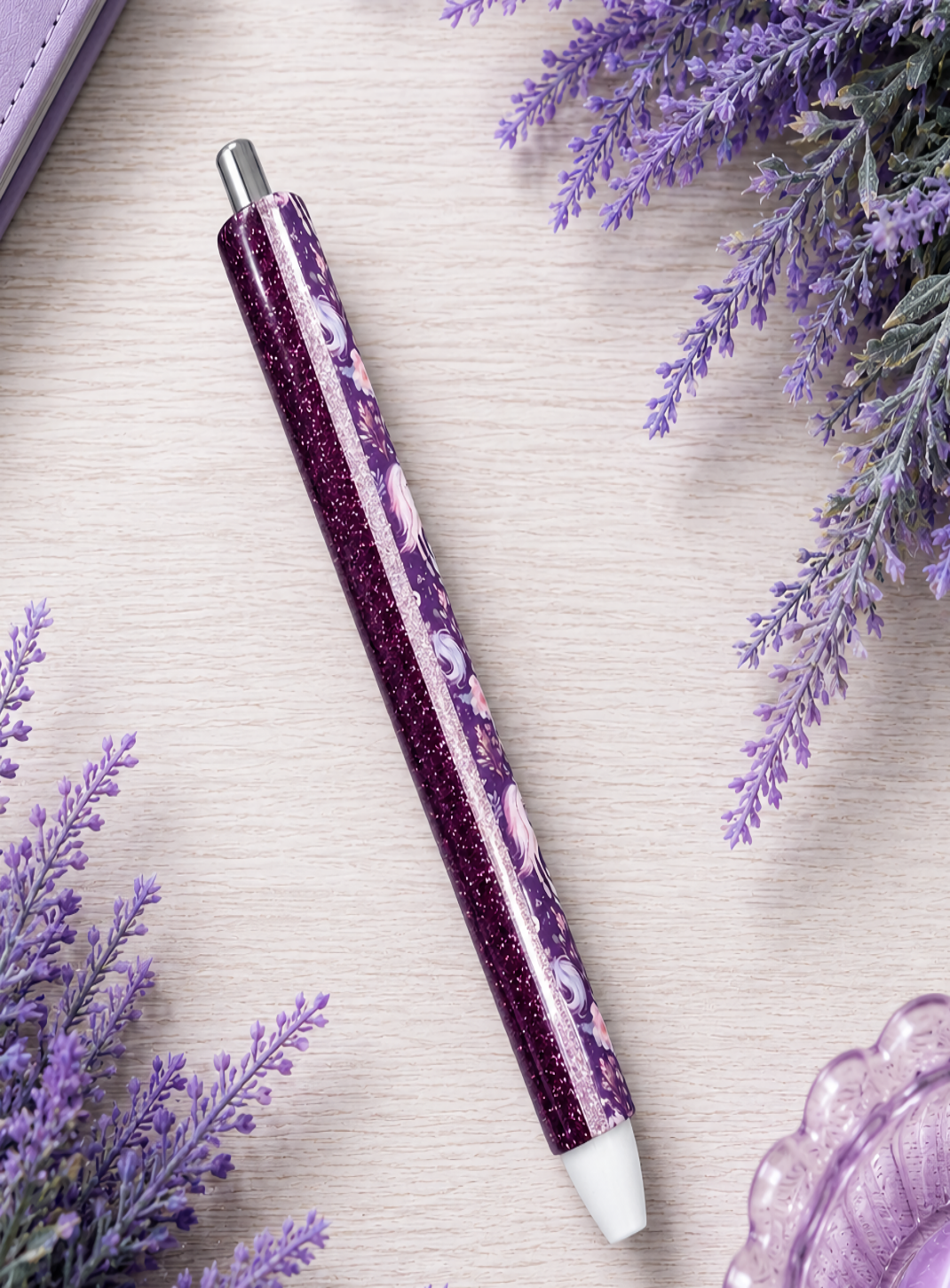Handmade Majestic Meadows Unicorns on dark purple glitter pen with free refill