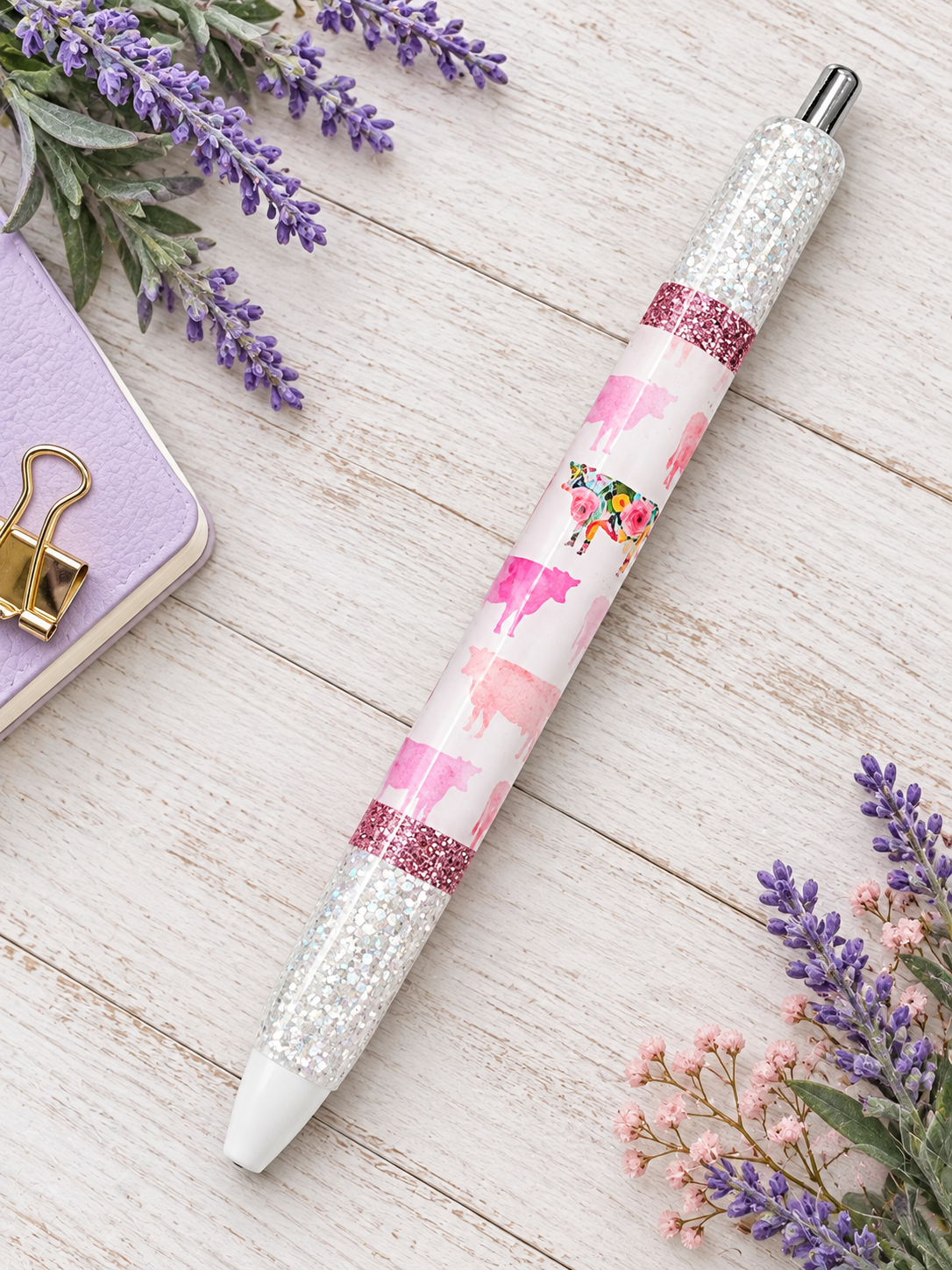 Handmade Pretty Pink Cows glitter pen with free refill 2