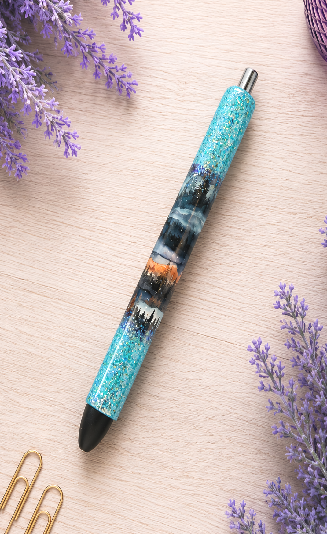 Handmade Blue Peek a Boo Twilight Mountain Scape glitter pen with free refill