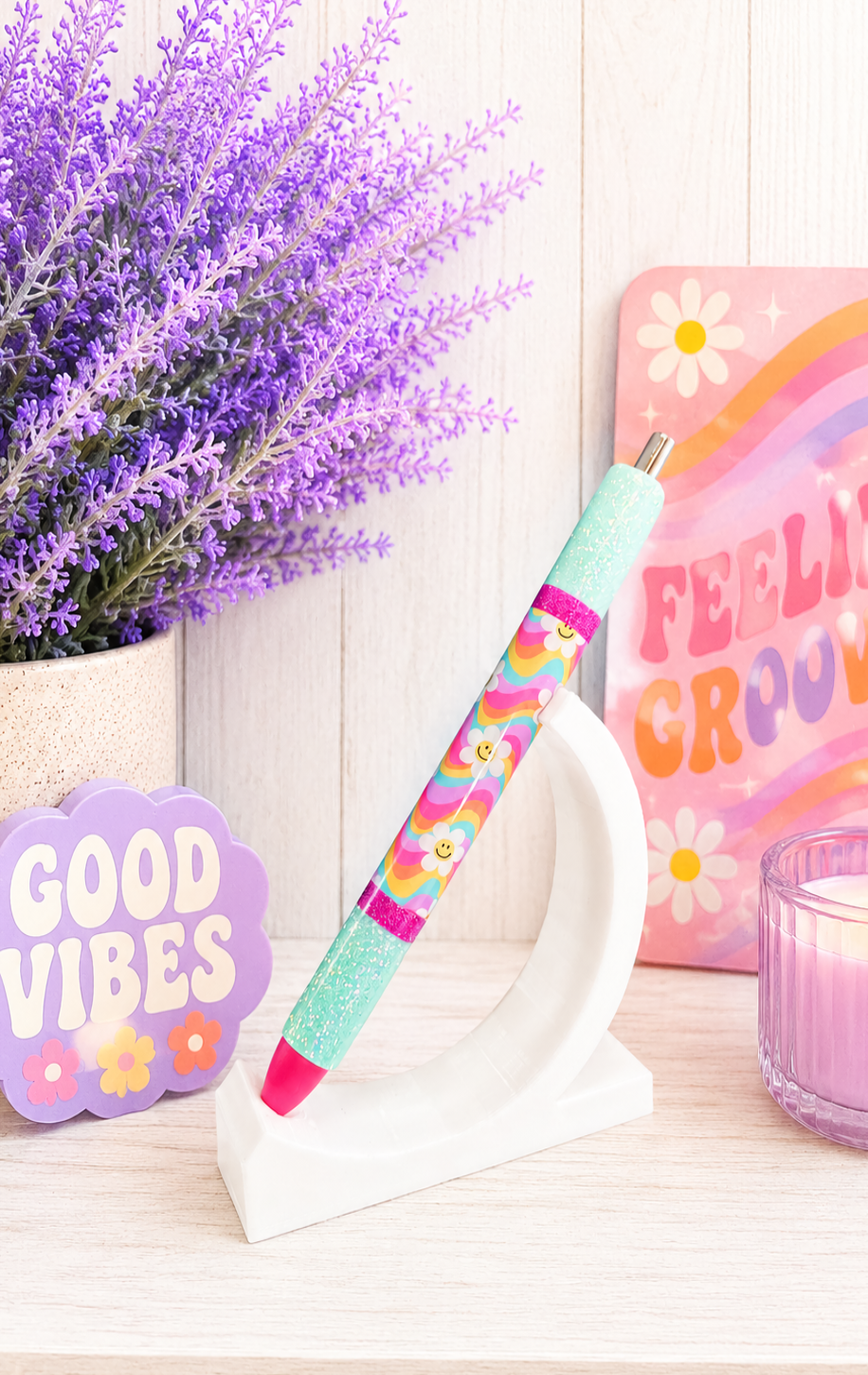 Handmade Retro Smiley Faces on Mint  Green glitter pen with free refill