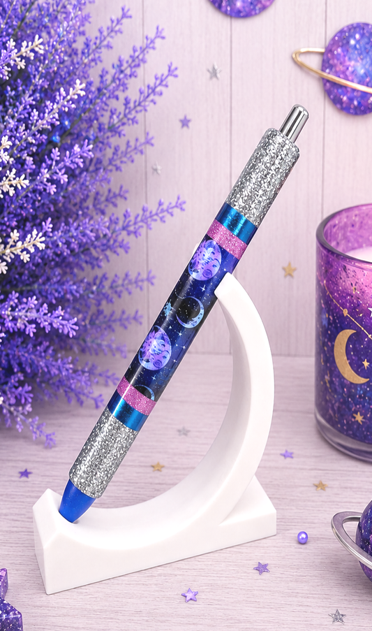 Handmade Moons and Stars horizontal on purple glitter pen with free refill