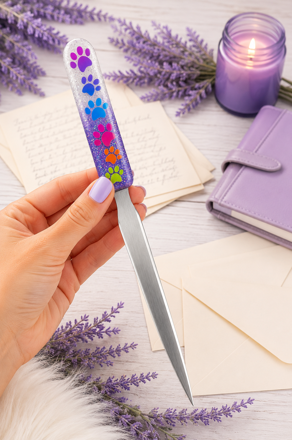 Handmade Rainbow Dog Paws Glittered Letter Opener