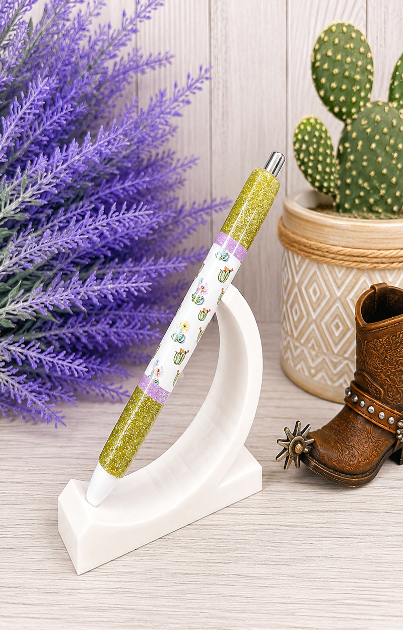 Handmade Blooming Watercolor Cactus on olive green glitter pen with free refill