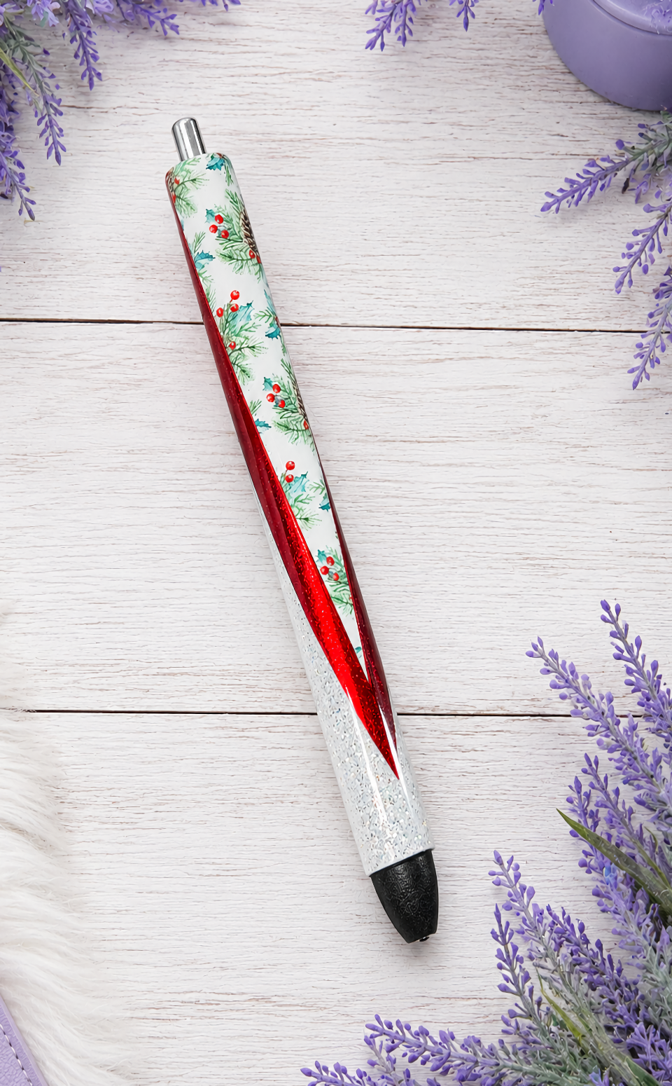 Handmade Winter Christmas Holly glitter pen with free refill