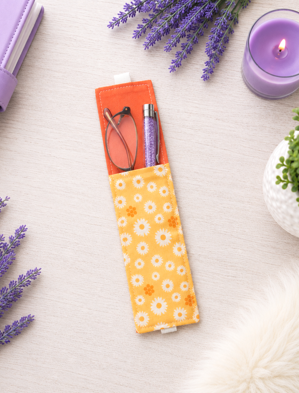 Handsewn Orange Flowers Fabric Bookmark with Accessory Pocket