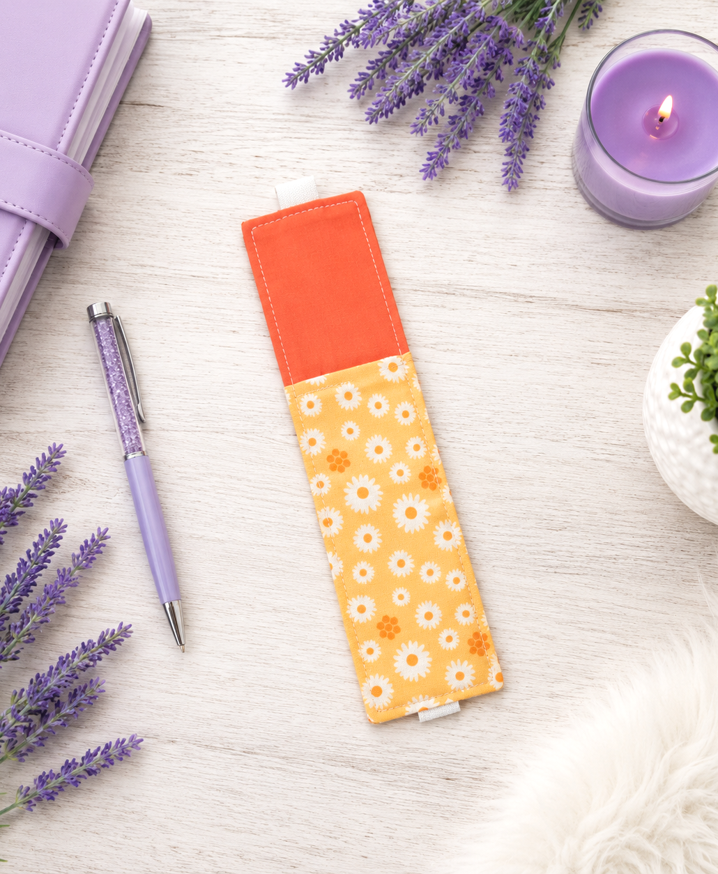 Handsewn Orange Flowers Fabric Bookmark with Accessory Pocket