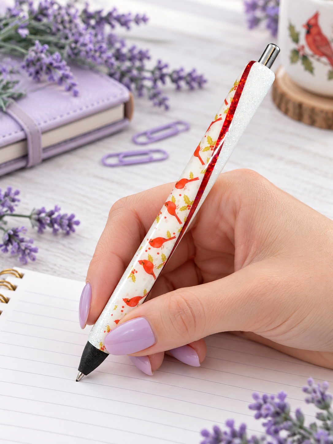 Handmade Cardinals glitter pen with free refill