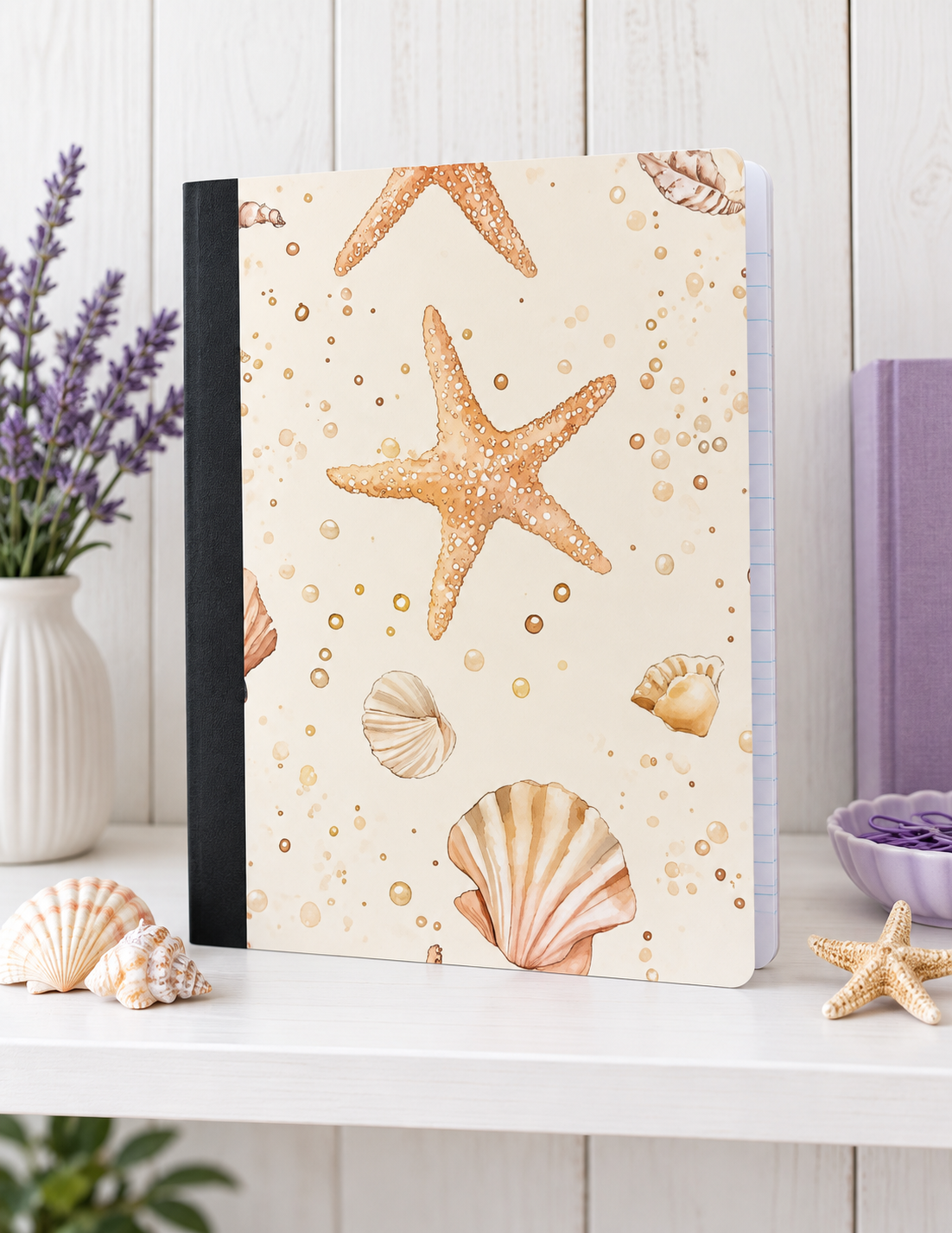 Decorative Vinyl Covered Composition Notebook SEASHELLS and STARFISH