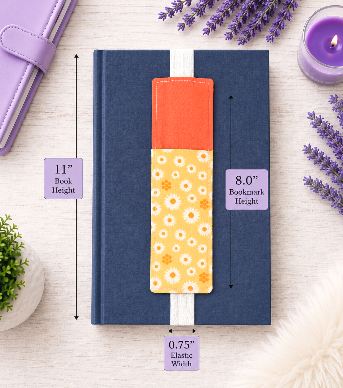 Handsewn Orange Flowers Fabric Bookmark with Accessory Pocket