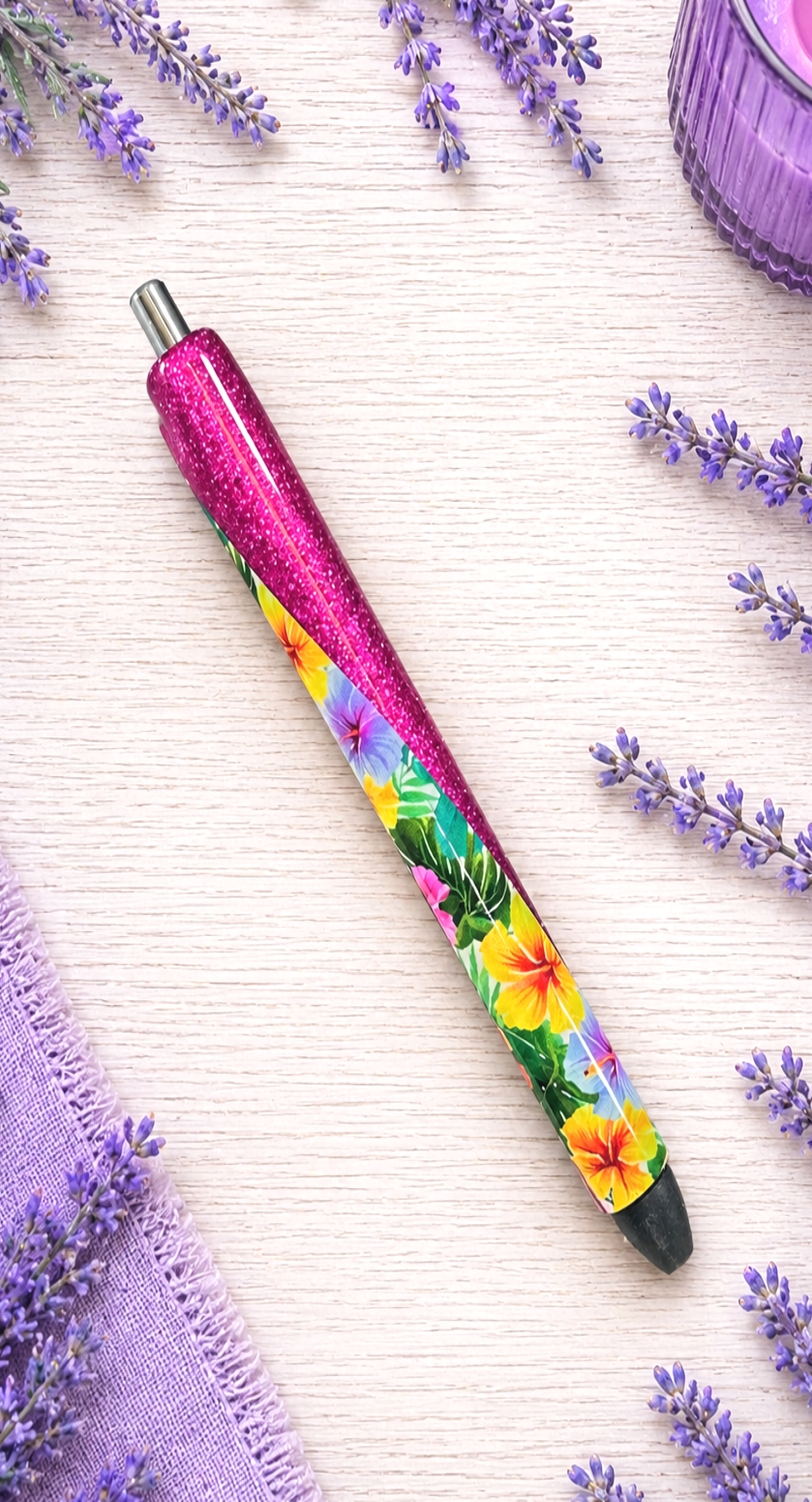 Handmade Hibiscus on dark pink glitter pen with free refill