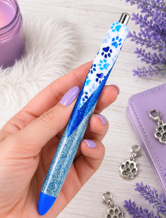 Handmade Blue Dog Paws vinyl wrap glitter pen with free refill
