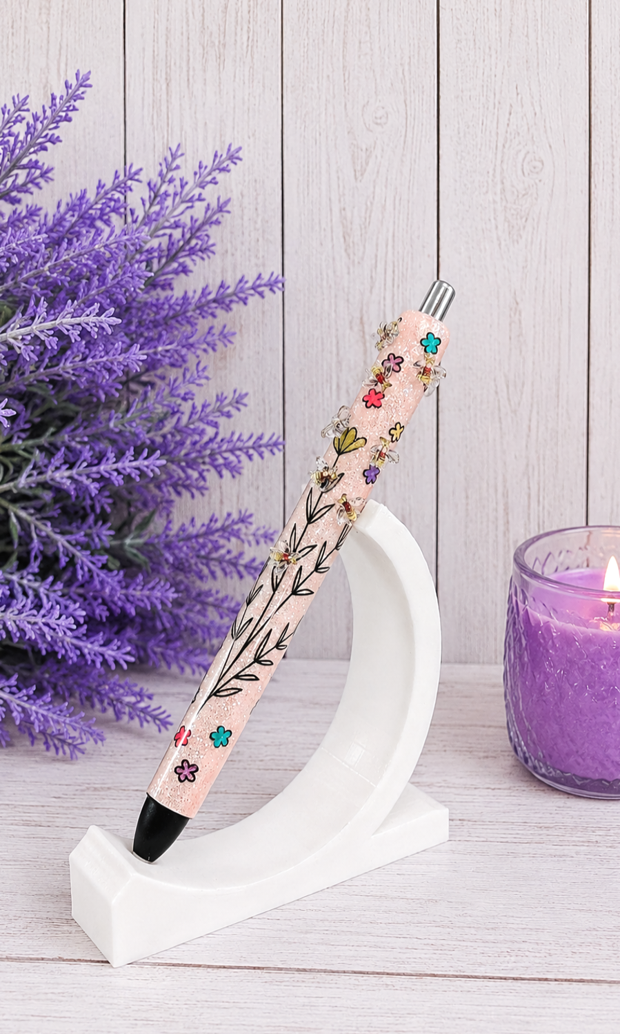 Handmade Mini Bumblebees on Peach glitter pen with free refill