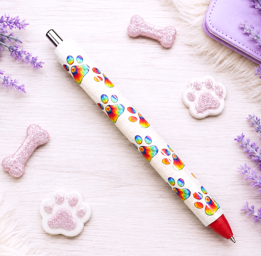 Handmade Tye Dye Dog Paws glitter pen with free refill