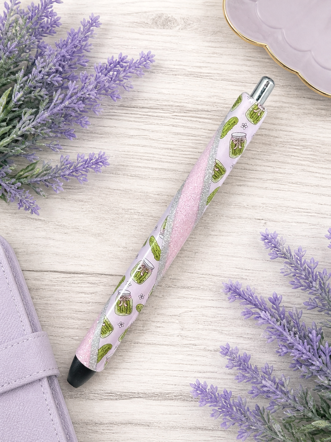 Handmade Pickle Jars on pink glitter pen with free refill