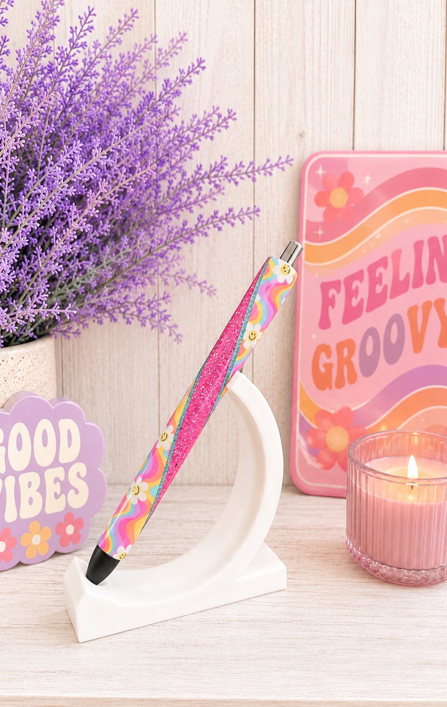 Handmade Retro Smiley Faces on Hot Pink glitter pen with free refill