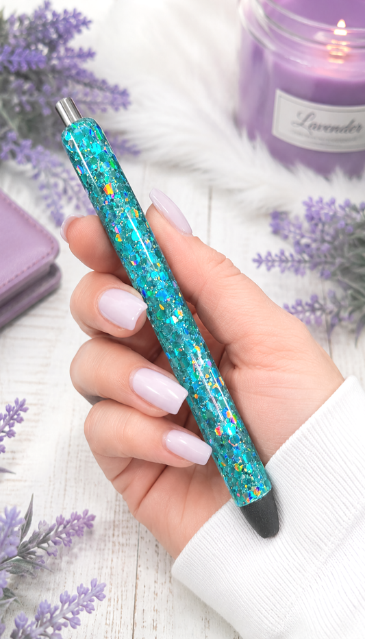 Handmade Aqua Blue Holographic glitter pen with free refill