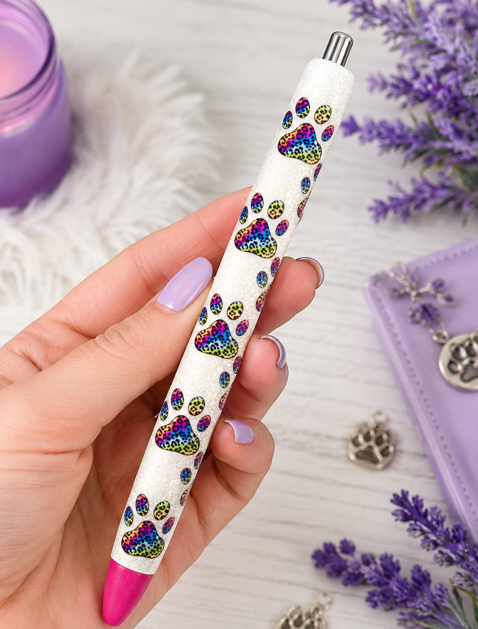 Handmade Rainbow Leopard Print Dog Paws glitter pen with free refill