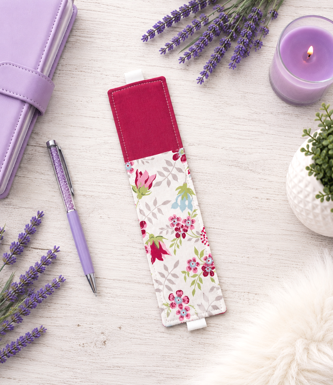 Handsewn Flowers Fabric Bookmark with Accessory Pocket