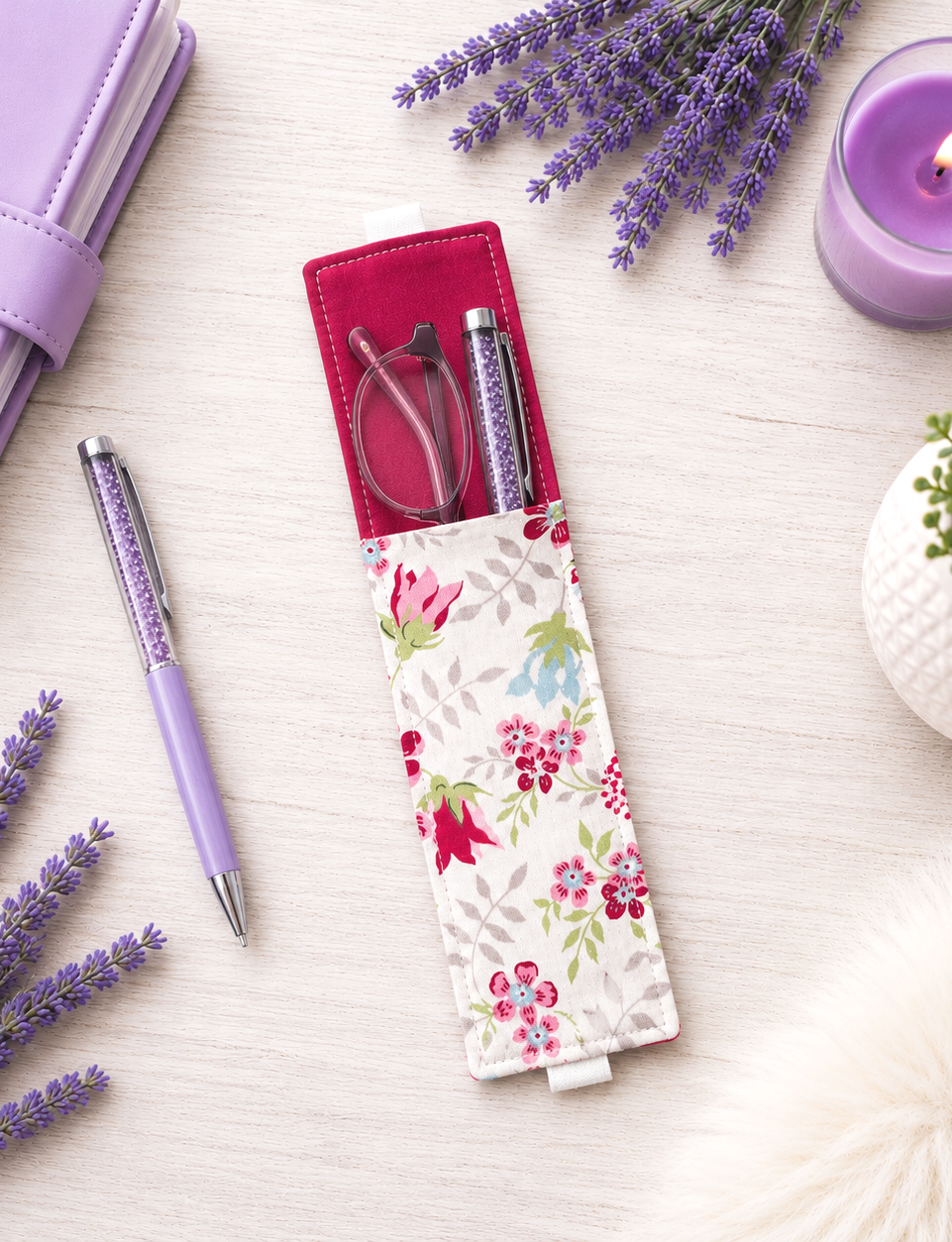 Handsewn Flowers Fabric Bookmark with Accessory Pocket