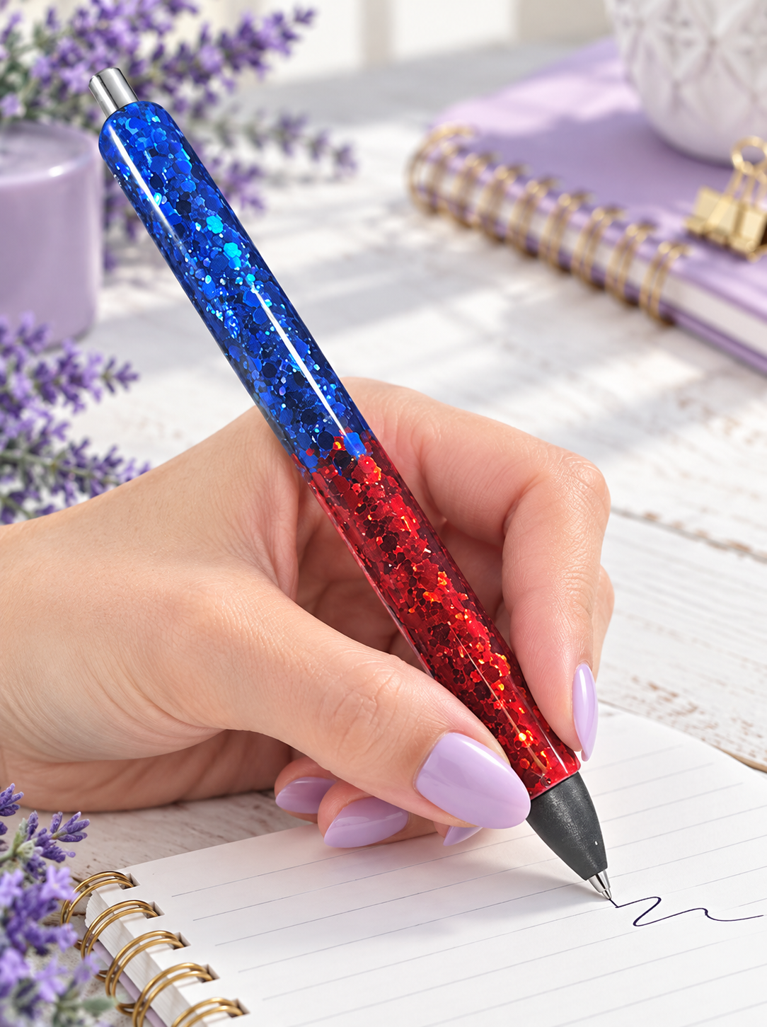 Handmade Red and Blue ombre glitter pen with free refill