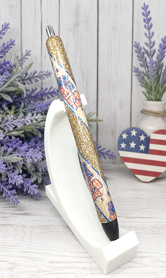 Handmade USA Flag patriotic on gold glitter pen with free refill