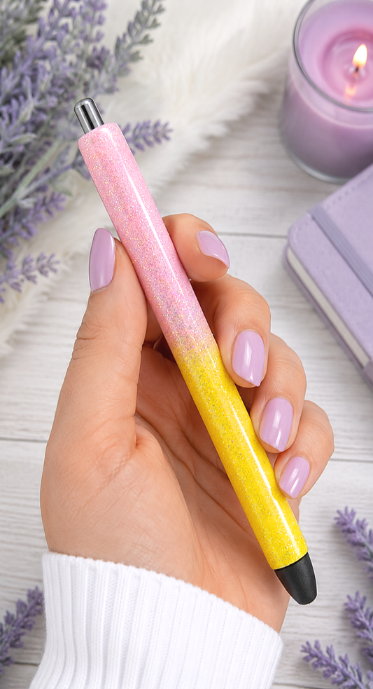 Handmade Pink and Yellow Ombre glitter pen with free refill