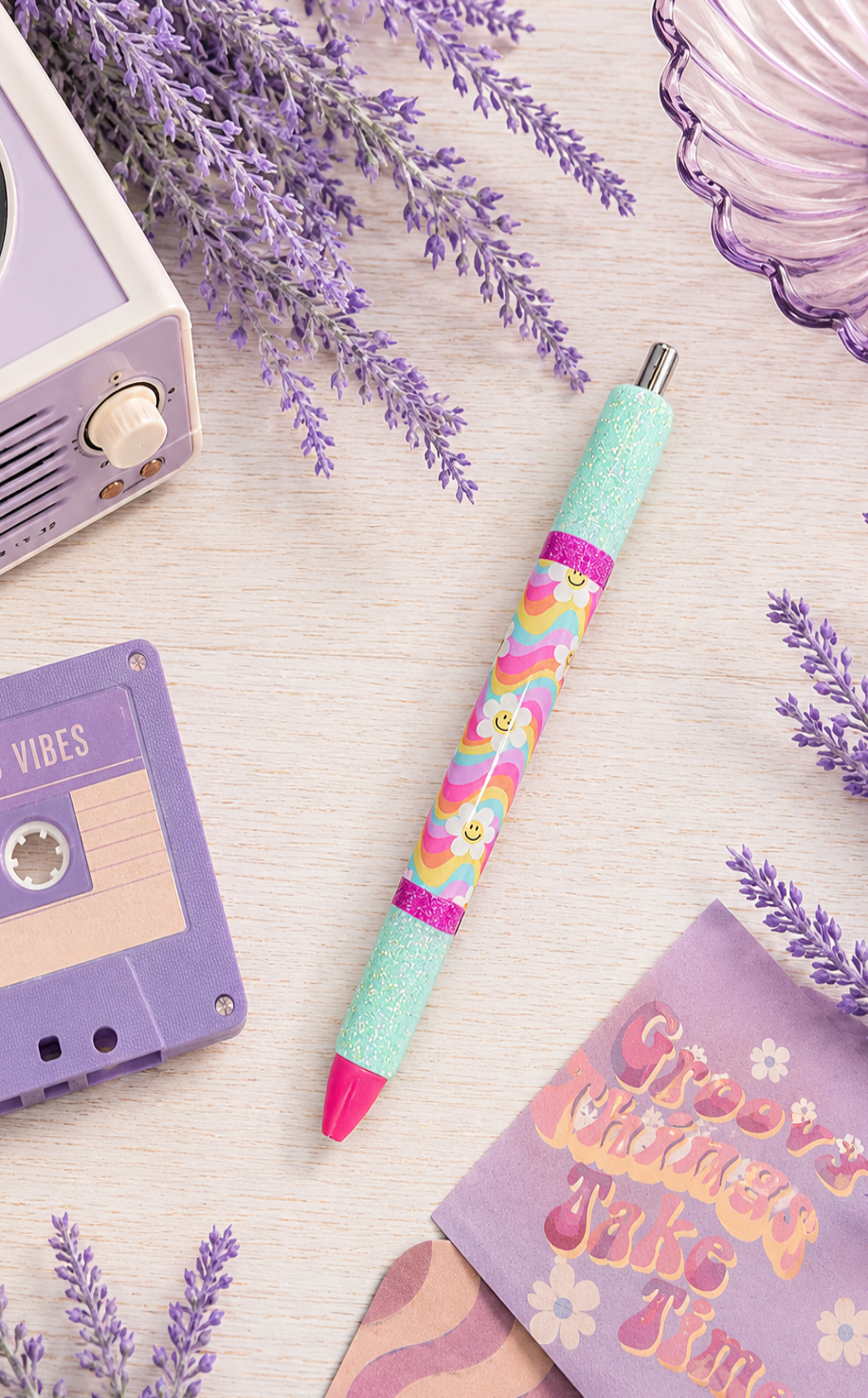 Handmade Retro Smiley Faces on Mint  Green glitter pen with free refill