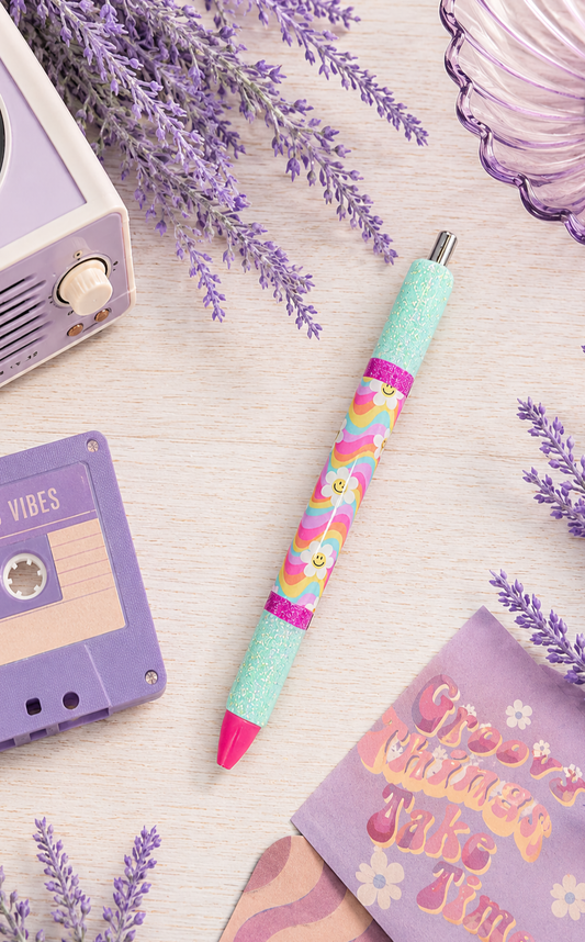Handmade Retro Smiley Faces on Mint  Green glitter pen with free refill