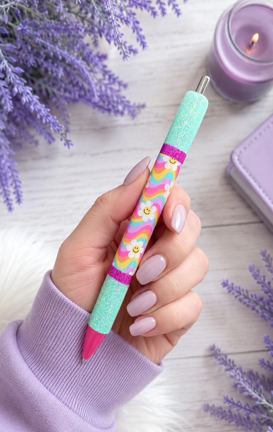 Handmade Retro Smiley Faces on Mint  Green glitter pen with free refill