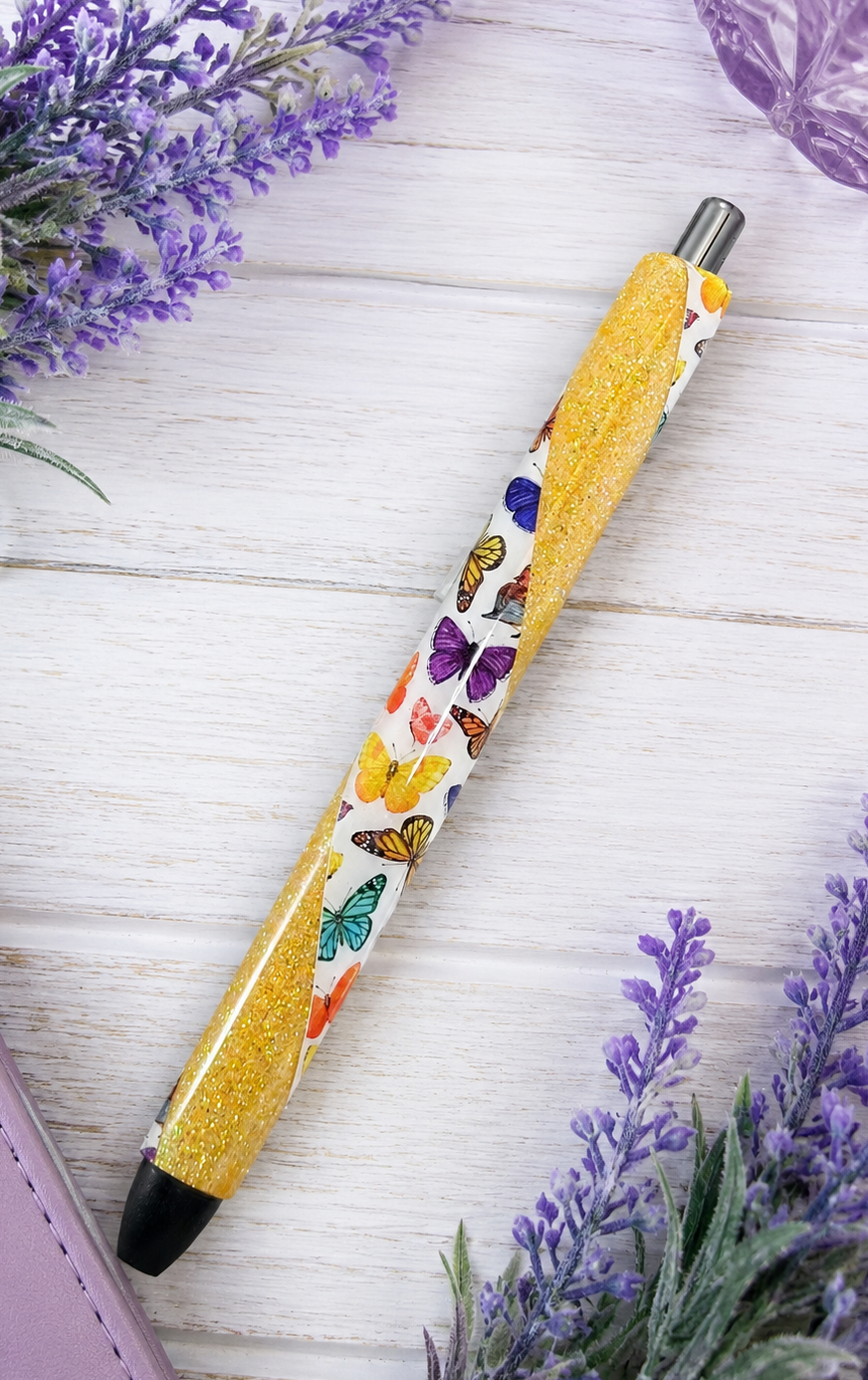 Handmade Multi Color Butterflies on yellow glitter pen with free refill