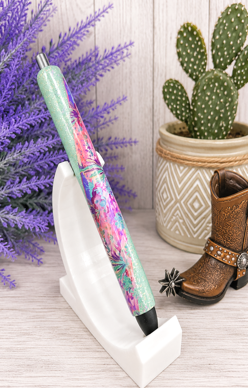 Handmade Vibrant Desert Scene on mint green glitter pen with free refill