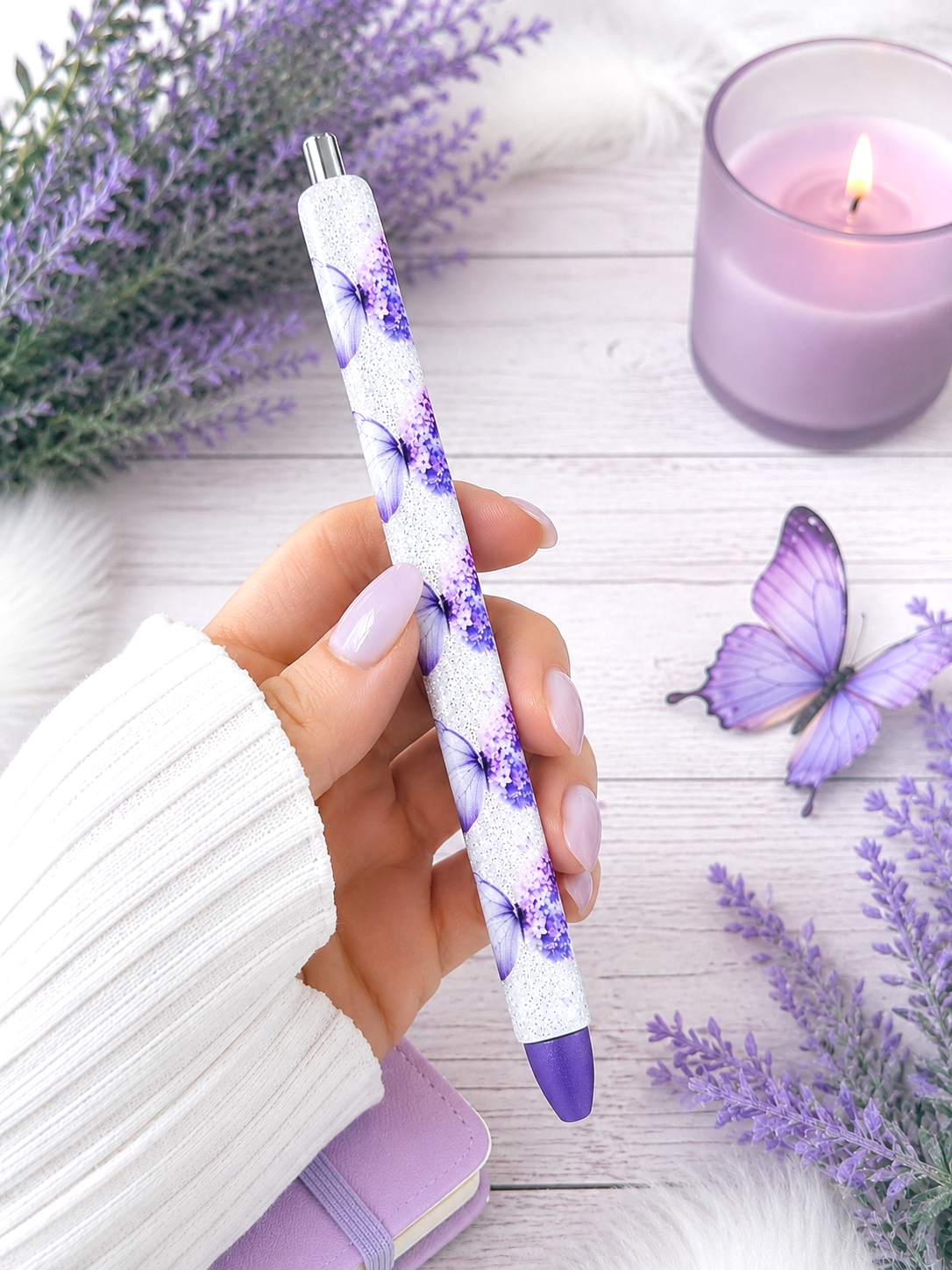 Handmade Purple Butterflies glitter pen with free refill