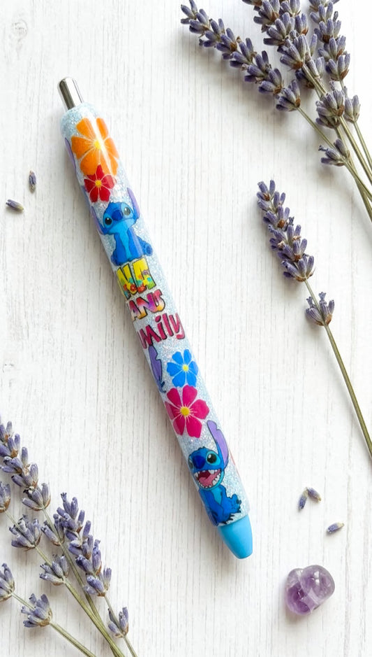 Handmade Stitch Ohana on Blue glitter pen with free refill