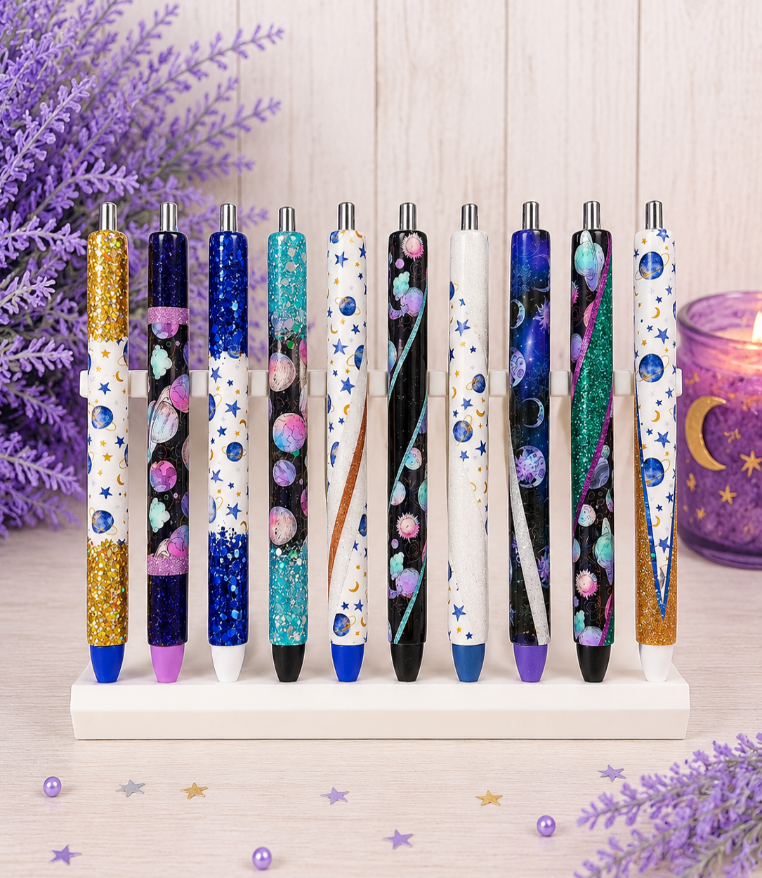 Handmade Moons and Stars horizontal on purple glitter pen with free refill