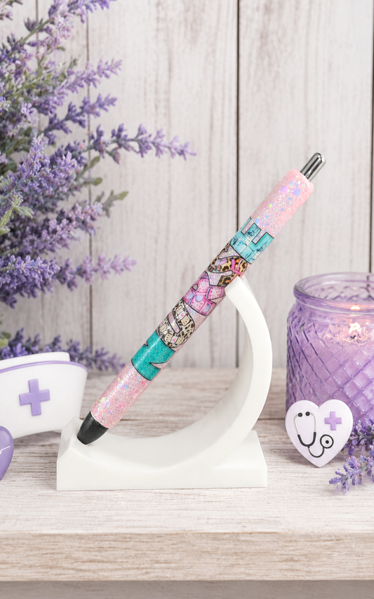 Handmade Nurse on pink glitter pen with free refill 2