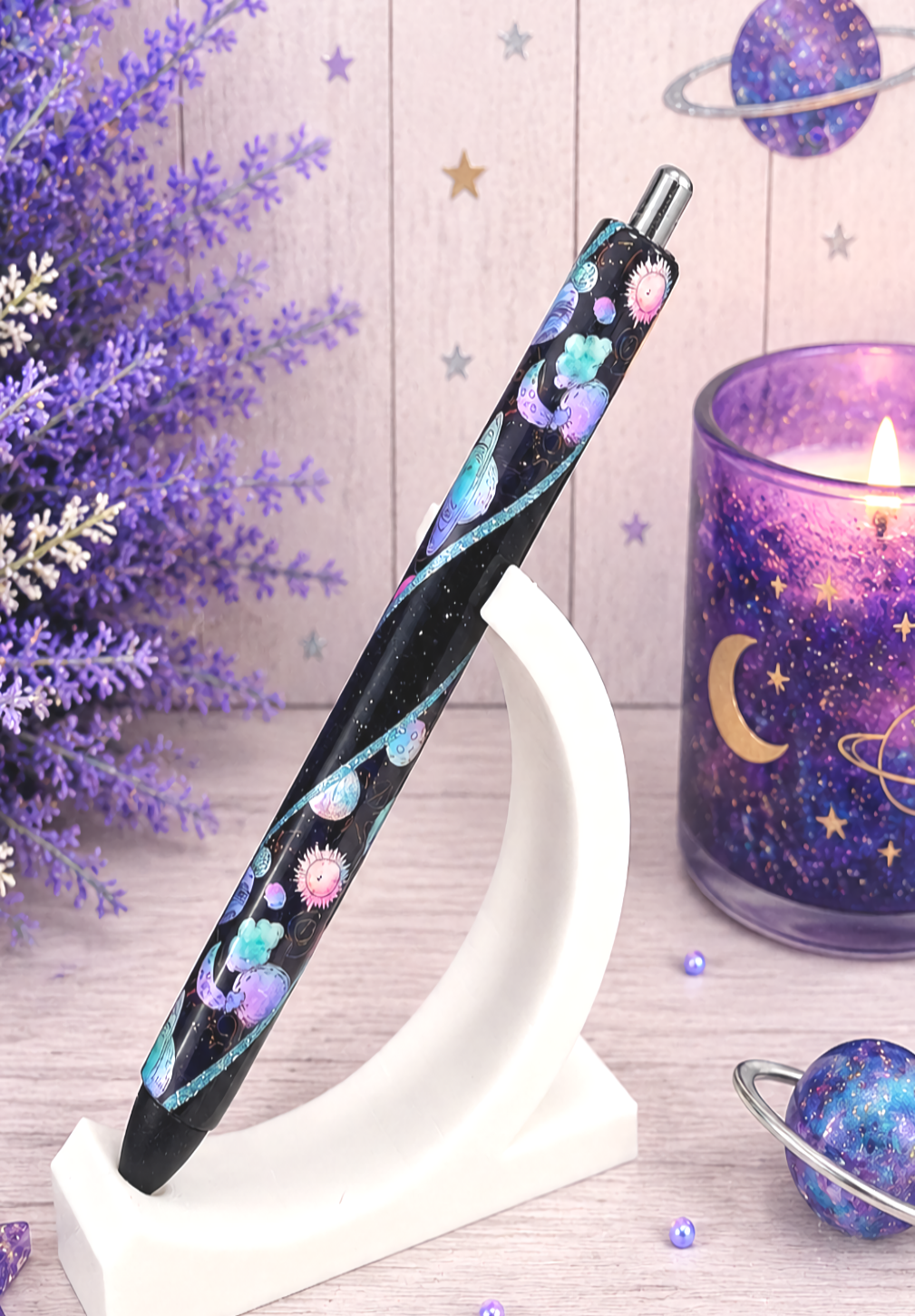 Handmade Galaxy on black glitter pen with free refill
