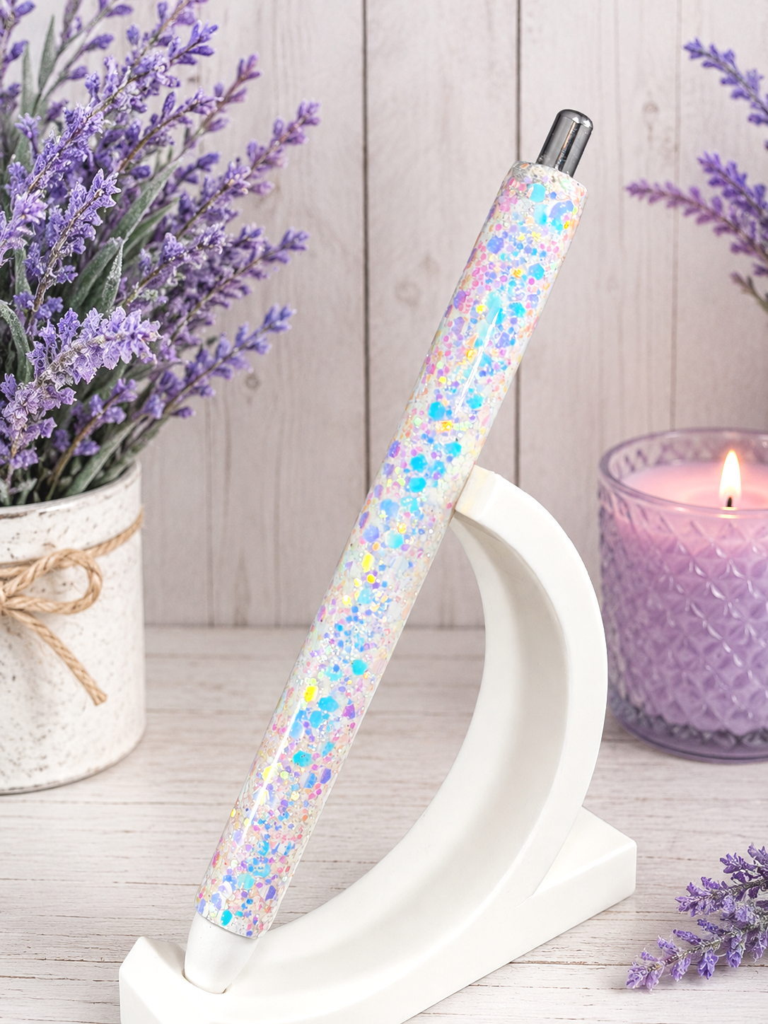 Handmade Holographic Opal White Chunky glitter pen with free refill