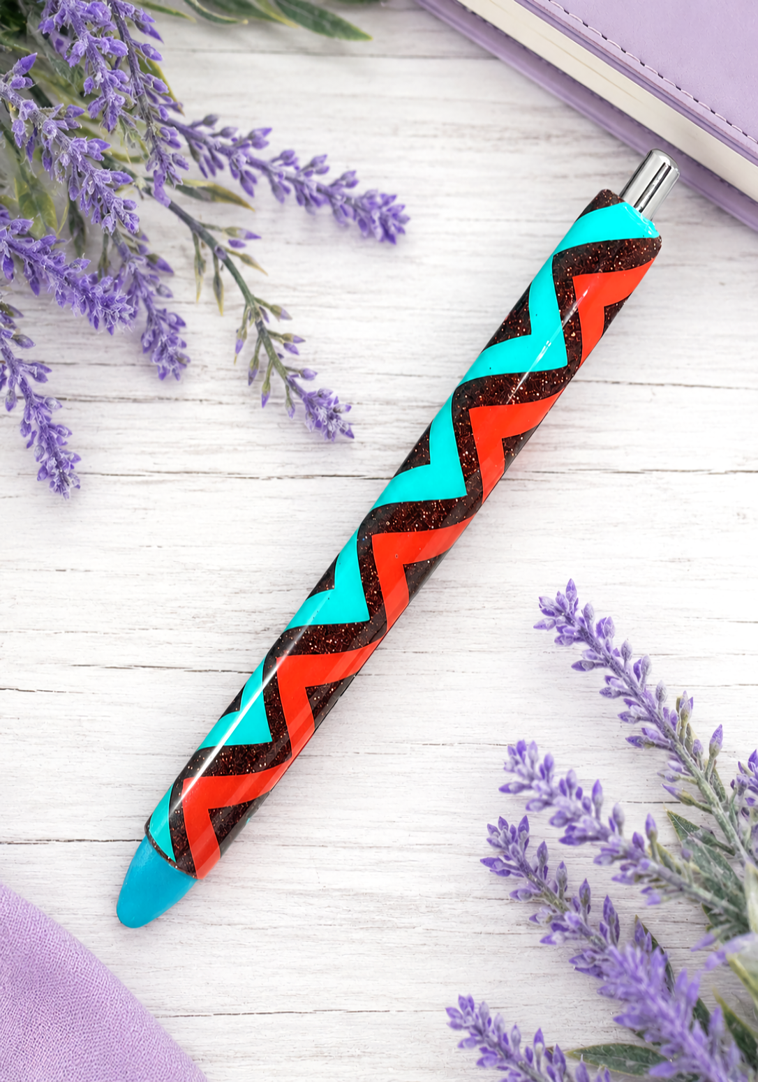 Handmade Orange and Turquoise Zig Zag glitter pen with free refill