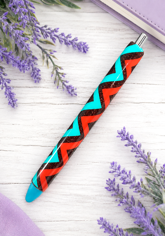 Handmade Orange and Turquoise Zig Zag glitter pen with free refill