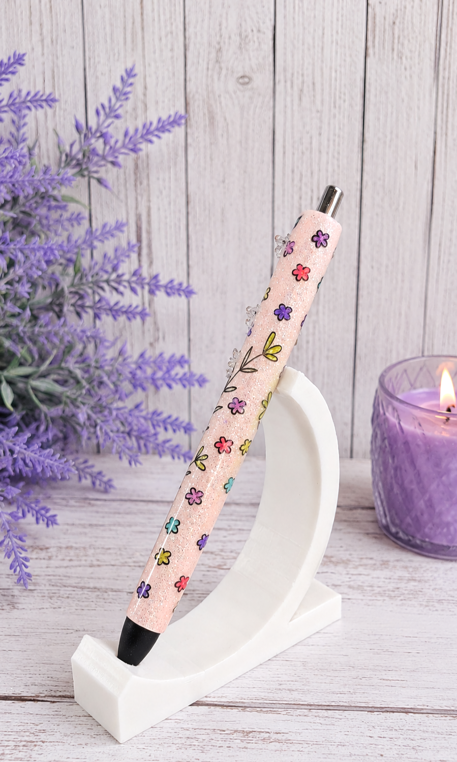 Handmade Mini Bumblebees on Peach glitter pen with free refill